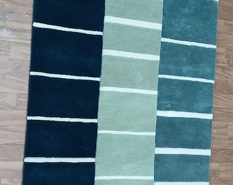 Modern Striped Wool Rug – Hand-Tufted Carpet in Navy, Sage Green & Teal with Ivory Accents
