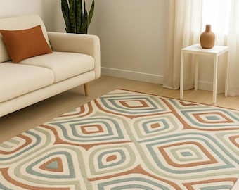 Hand Tufted Wool Rug: Retro Geometric Terracotta Sage Blue