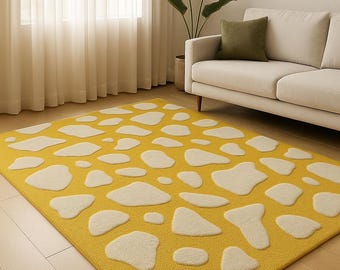 Mustard Yellow Rug – Hand-Tufted Wool Carpet with Ivory Stone Pattern, Modern Abstract Area Rug