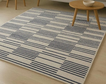 Handmade Tufted Wool Loop Rug: Ivory & Navy Blue Modern Carpet