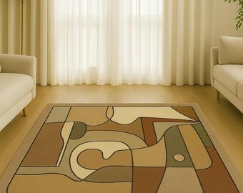 Hand-Tufted Wool Area Rug: Abstract Neutral Geometric Design