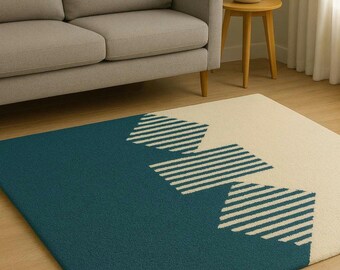 Modern Blue Ivory Geometric Rug – Handmade Wool Carpet – Minimalist Striped Triangle Area Rug