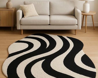 Black and White Wave Rug: Handmade Wool Tufted Modern Carpet
