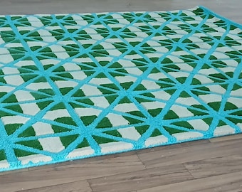 Modern Geometric Wool Rug: Aqua Blue & Green Lattice, Hand-Tufted