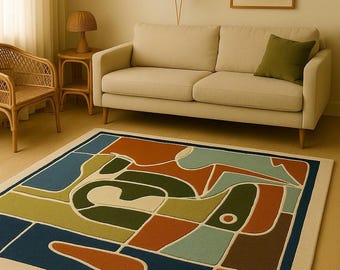 Abstract Geometric Wool Rug: Hand-Tufted Mid-Century Modern Design