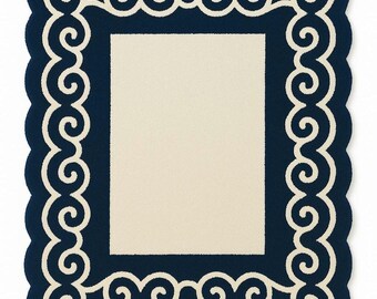 Hand-Tufted Wool Rug: Navy Blue Swirl, Ivory Center