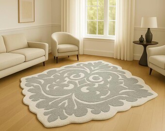 Handmade Wool Damask Rug: Grey & Ivory Scalloped Carpet
