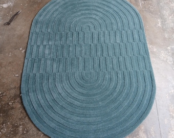 Teal Oval Rug – Hand-Tufted Wool Carpet with Arch Pattern, Modern Minimalist Area Rug