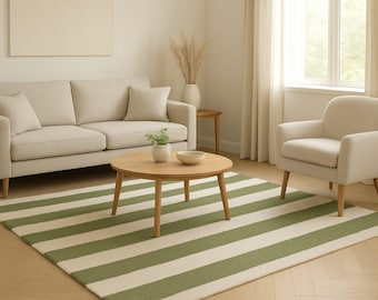 Hand Tufted Striped Rug: Sage Green and Ivory Wool Carpet