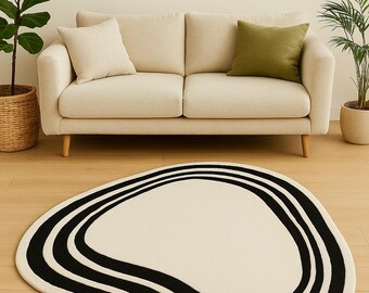 Black and White Ripple Rug: Hand-Tufted Wool Abstract Carpet