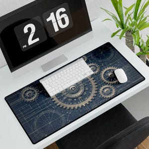 May include: A rectangular desk mat featuring a dark blue backdrop with a detailed gear design in brown and beige tones. A white keyboard and mouse are positioned on the mat, with a computer monitor displaying the time in the background.