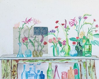 Original Watercolor - Mixed media painting - French letter and wildflowers on Table - watercolor - Australian Artist - Mixed media