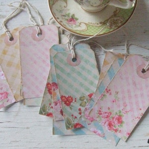 Gift tags - cottage chic tags - gingham - roses - small gift tags - flowers - embellishments - vintage inspired