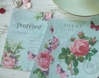 Aqua notecards - roses - shabby style notecards - butterfly - Paris - embellishments