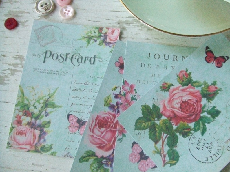 Aqua notecards roses shabby style notecards butterfly Paris embellishments image 1