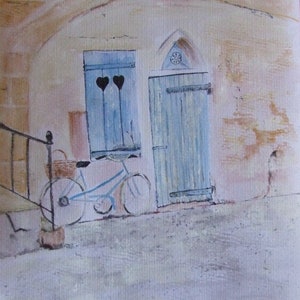 Acuarela original - Pintura de técnica mixta - bicicleta y la puerta azul - acuarela