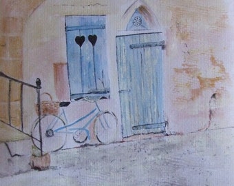 Original Watercolor - Mixed media painting - bicycle and the blue door - watercolor