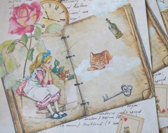 Alice in Wonderland notecards - collage - journal - scrapbooking - painted notecards blank notecards - embellishments