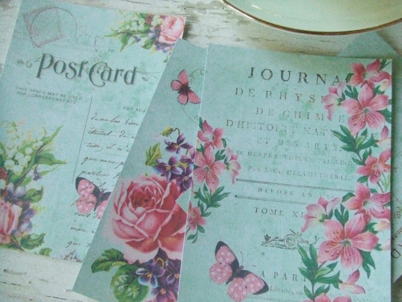 Aqua notecards roses shabby style notecards butterfly Paris embellishments image 3