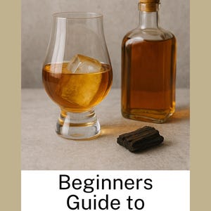 May include: A glass of whiskey with ice and a bottle of amber liquid. The image includes the text "WHISKEY" and "Beginners Guide to Whiskey". A small piece of wood sits in front of the bottle.