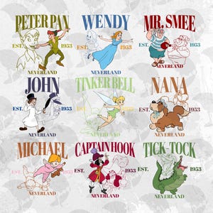 May include: A graphic featuring characters from Peter Pan, including Peter Pan, Wendy, Mr. Smee, John, Tinker Bell, Nana, Michael, Captain Hook, and Tick-Tock. Each character is accompanied by their name, the year 1953, and the word "Neverland."