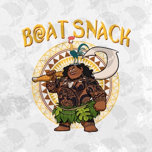 May include: A cartoon illustration featuring a large, muscular figure with tattoos, holding a large hook. A rooster stands on the figure's head. The words "BOAT SNACK" are written above the figure in yellow letters.