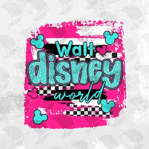 Retro Walt Magical World png, Mickey And Friends, Magic Kingdom, Magical Castle World png, Checkered Pink Castle World Png, Download Instant