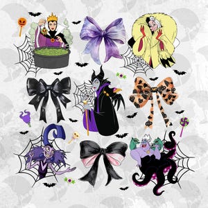 K&ouml;nnte beinhalten: Eine Sammlung von Illustrationen zum Thema Halloween mit Disney-B&ouml;sewichten und dekorativen Schleifen. Das Bild zeigt Charaktere wie die b&ouml;se K&ouml;nigin, Cruella de Vil und Ursula sowie Spinnweben, Flederm&auml;use und S&uuml;&szlig;igkeiten.