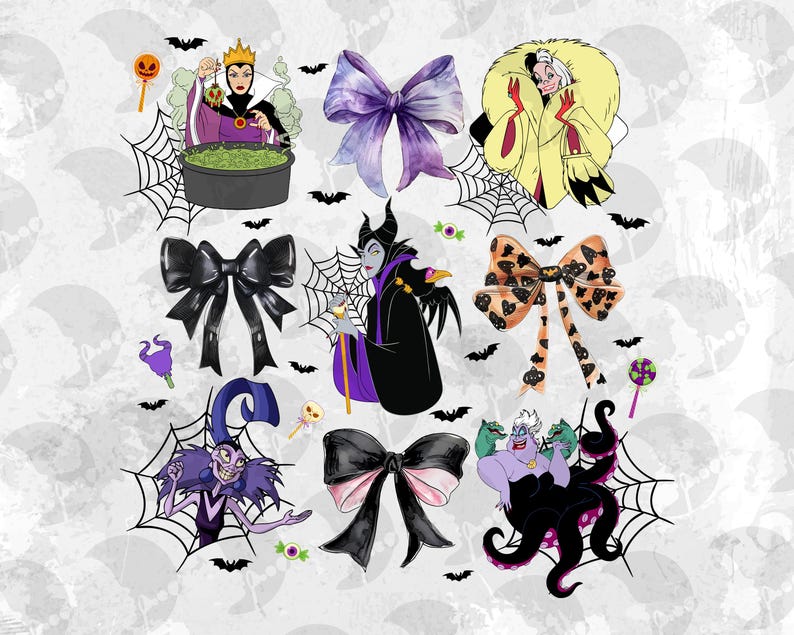 K&ouml;nnte beinhalten: Eine Sammlung von Illustrationen zum Thema Halloween mit Disney-B&ouml;sewichten und dekorativen Schleifen. Das Bild zeigt Charaktere wie die b&ouml;se K&ouml;nigin, Cruella de Vil und Ursula sowie Spinnweben, Flederm&auml;use und S&uuml;&szlig;igkeiten.