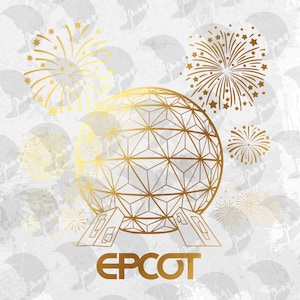 Puede incluir: Ilustración dorada de la esfera de Epcot con fuegos artificiales sobre un fondo blanco texturizado. La palabra "EPCOT" está escrita en dorado en la parte inferior. El diseño presenta un patrón geométrico en la esfera y fuegos artificiales en forma de estrella.