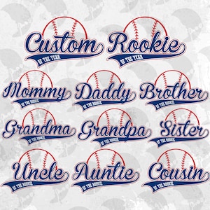 May include: A collection of baseball-themed designs featuring various family titles like "Mommy," "Daddy," and "Brother." Each design includes a baseball graphic and text in a navy blue script with a red baseball. The words "of the Rookie" are also included.