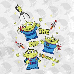 Puede incluir: Ilustración de tres extraterrestres verdes con trajes azules, sosteniendo diplomas, con el texto "THE DIP LOMMAAA". La imagen incluye cohetes, estrellas y una máquina de garra.