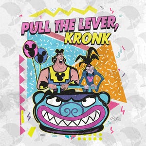 Pode incluir: Design gráfico com o texto "PULL THE LEVER, KRONK". A imagem apresenta personagens de desenhos animados, balões do Mickey Mouse e um veículo azul em forma de monstro com um grande sorriso, sobre um fundo geométrico colorido.