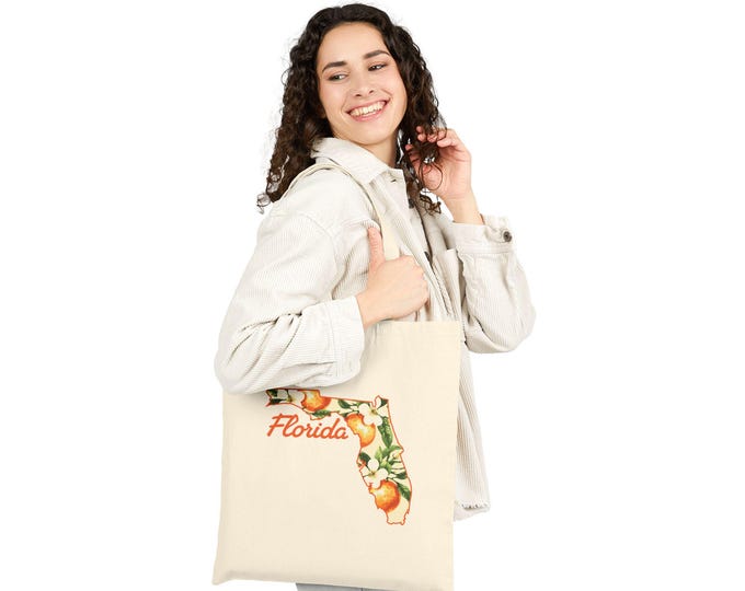 Florida Citrus Map Tote Bag | Floral Orange State Outline Canvas Tote
