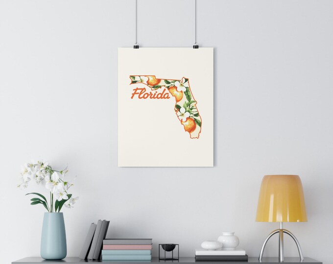 Florida Orange Floral State Map Art Print | Giclée