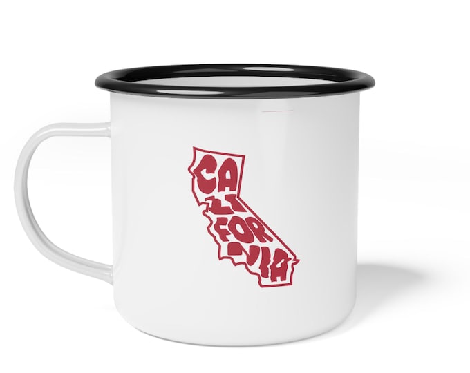California State Outline Retro Text enamel camp cup | enamel mug