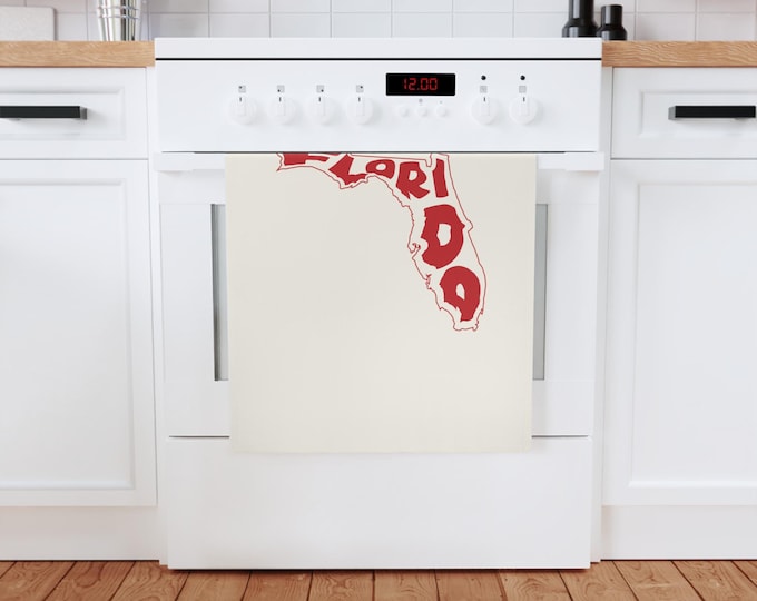 Florida state map text graphic Tea Towel | red typographic outline kitchen decor