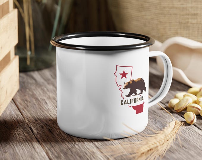 California Bear Map enamel camp cup | Vintage state outline, rustic camping mug