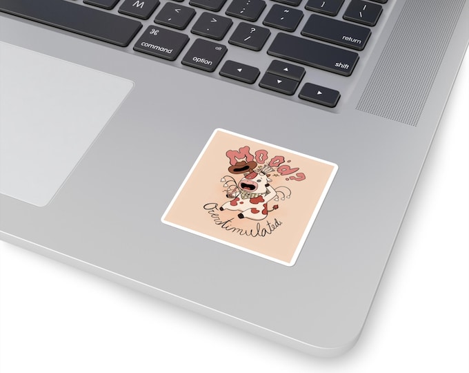 Overstimulated Cow Sticker | Cartoon Illustration, Cozy Cottage-core Vibes