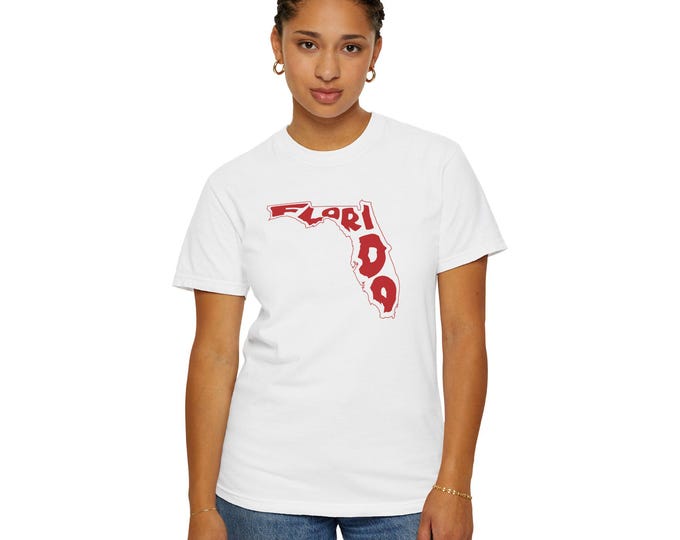 Florida Map Text Tee | Florida state outline with red script