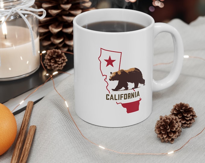 California State Outline with Flag Bear Star Mug