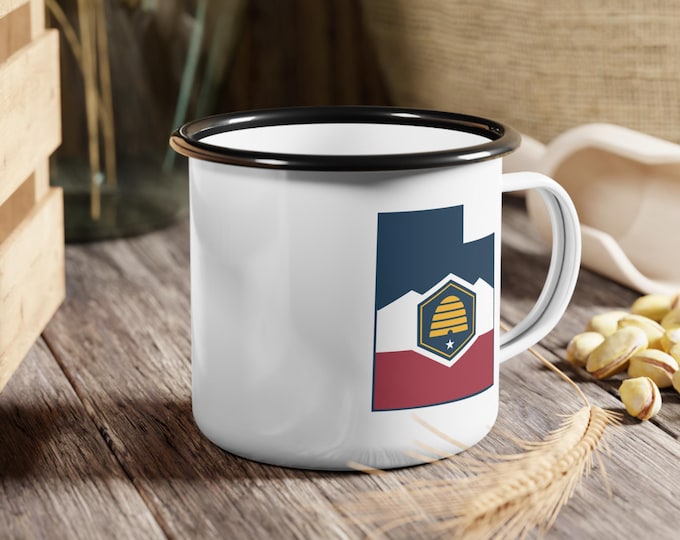 Utah State Beehive Emblem Enamel Camp Cup | Retro Mountain Stripe