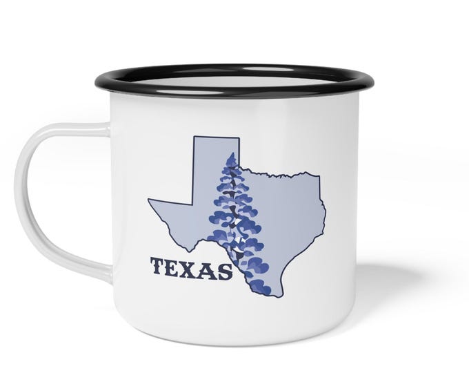 Texas state outline with blue cedar tree Enamel Camp Cup
