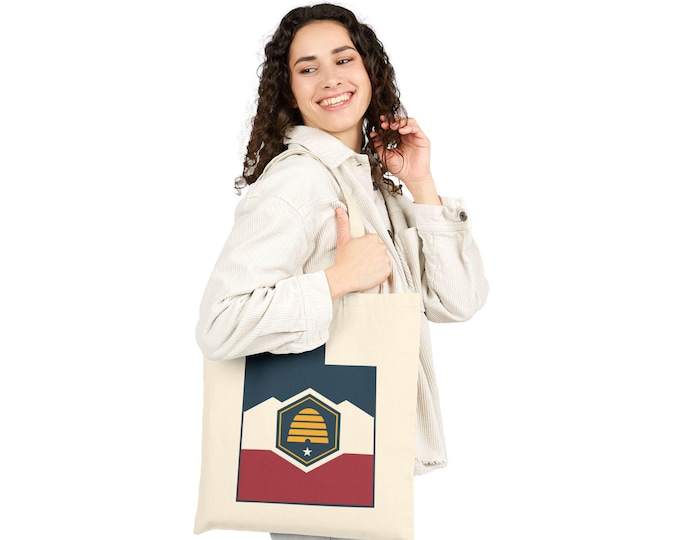 Utah Bee Logo Tote Bag | State Shape, State Flag, Honeycomb Badge, Red White Blue