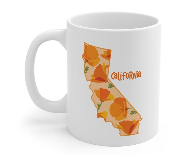California Outline with Poppy Floral Pattern Mug | State Flowers Botanical