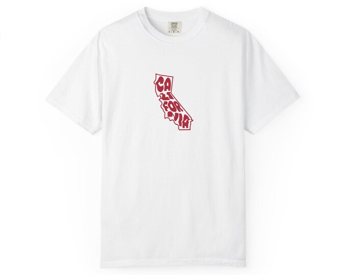 California state text map T-shirt | Retro script outline, small chest print