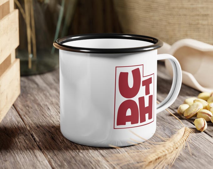 Utah State Outline Typography Enamel Camp Cup | Retro Mountain Camper