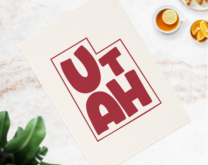 Utah State Outline Typography Cotton Tea Towel | Red Block Letters
