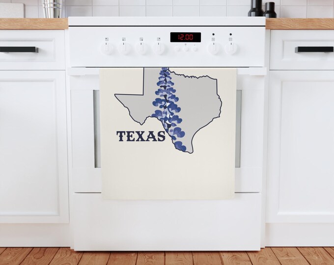 Bluebonnet Texas Tea Towel | Cotton Kitchen Towel, State Silhouette