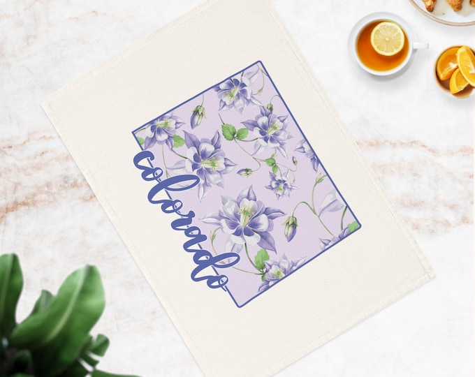 Purple Columbine Floral Colorado Cotton Tea Towel | State Flower Design